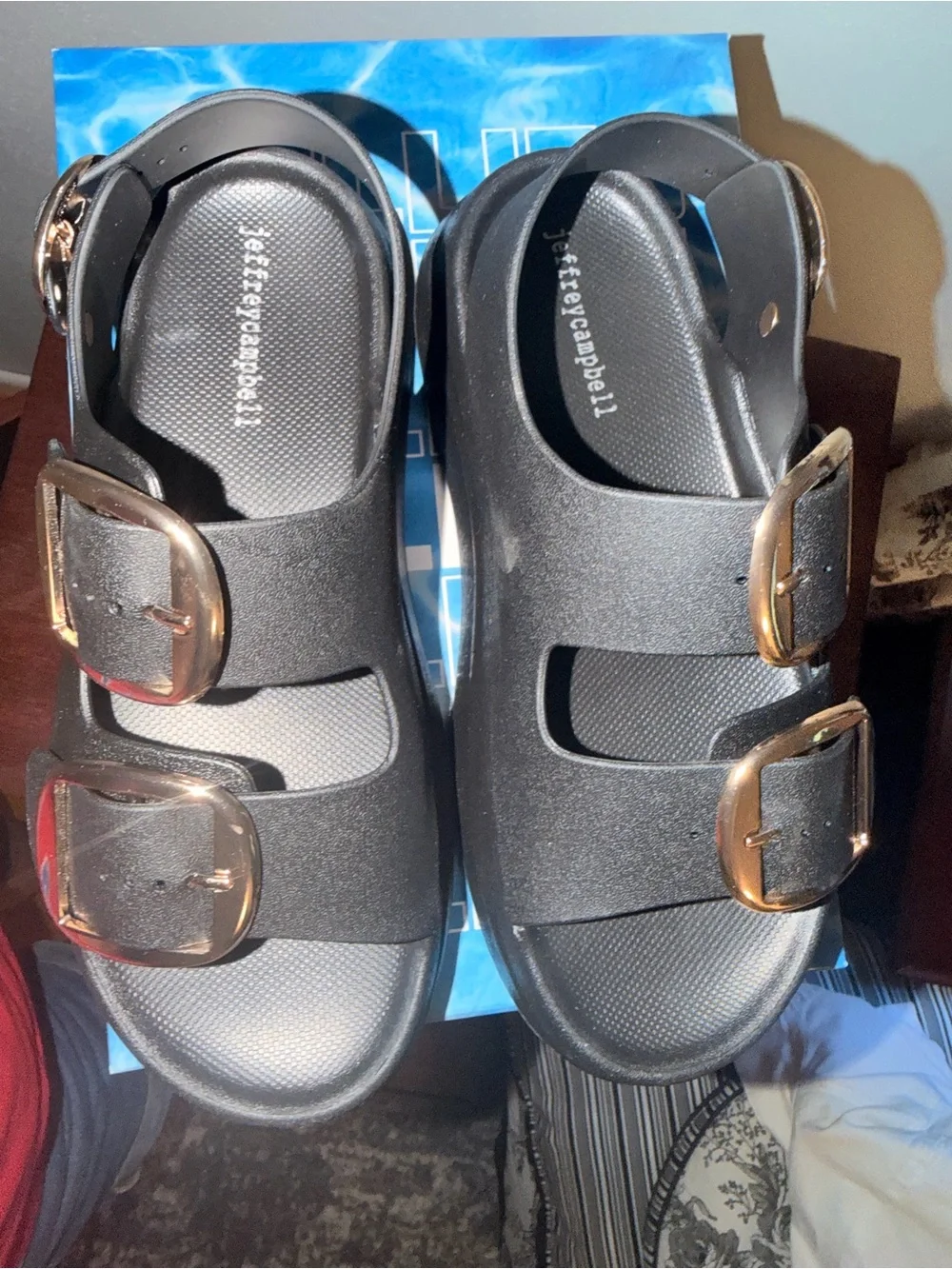 Jeffrey Campbell Black Platform Sandals with Gold Buckles